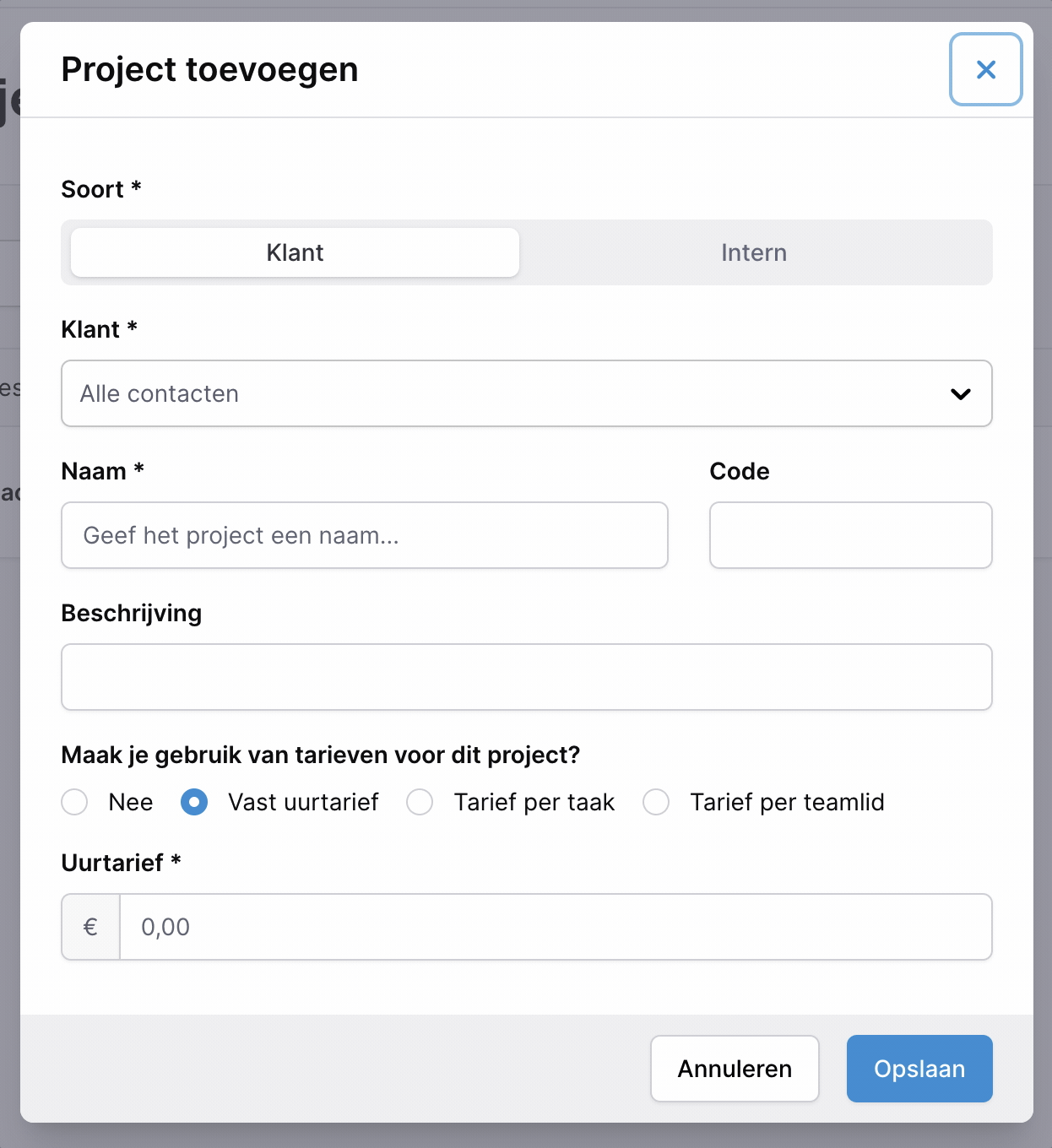 An animated GIF showing a modal with a form for creating a project in MoneyMonk (text in Dutch). The focus indicator moves through the fields, showing the user's current position. At the end, it loops back to the close button.