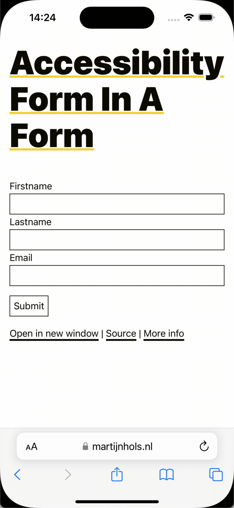 An animated GIF showing a React form with three fields; firstname, lastname and email, and a submit button. Each field is entered using the on-screen keyboard, and arrows atop the on-screen keyboard are used to jump to each next field. Finally the form is submitted using "return" on the keyboard.