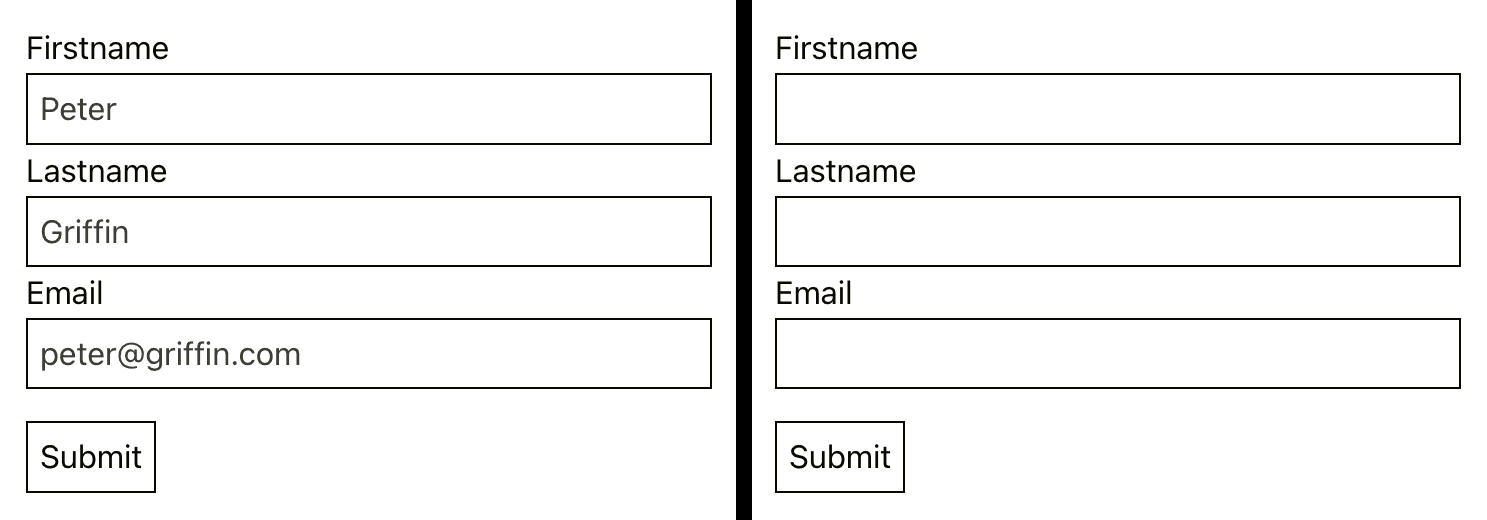 Two forms side-by-side, both with firstname, lastname and email fields and a submit button. Fields on the left form have placeholders, making it appear like fields are filled with example values.