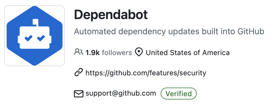 The GitHub profile card of the Dependabot account; Automated dependency updates built into GitHub.