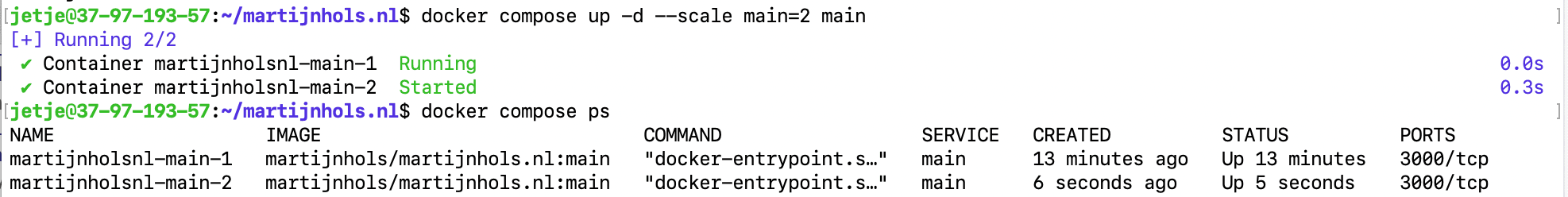 CLI showing the scaling up of a Docker container, with two identical containers running afterwards