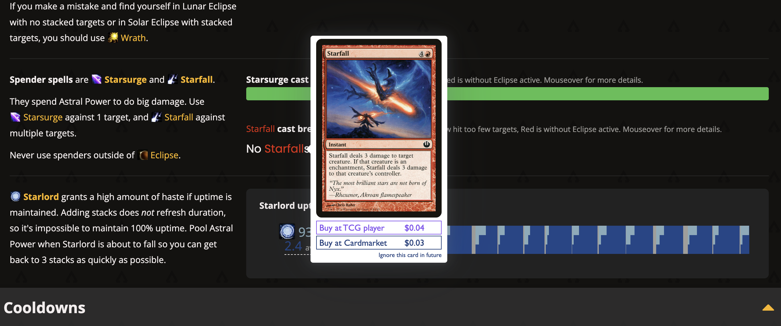 A screenshot of WoWAnalyzer, showing a Magic: the Gathering card popup added by AutocardAnywhere for a random, but matching piece of text.