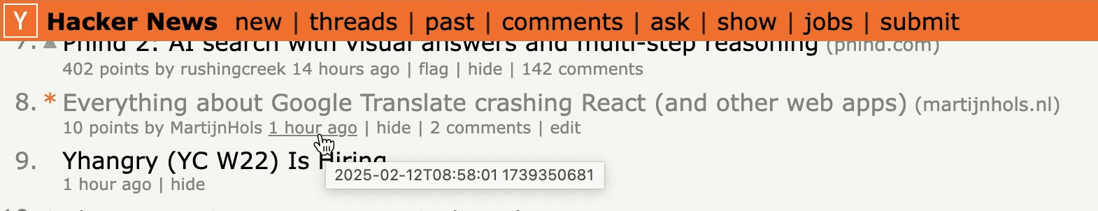Screenshot of Hacker News showing the publication date "2025-02-12T08:58:01"