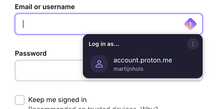 Shows a login form (Email or username and password) with an autofill overaly open with an option to login as "martijnhols"