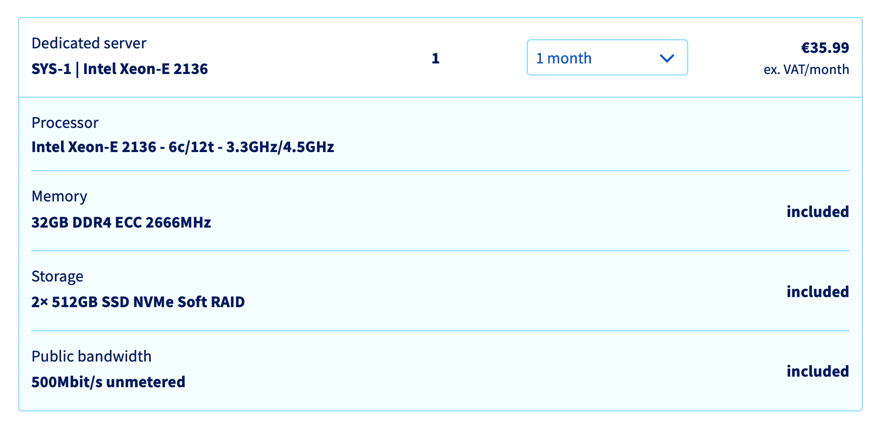 Overview of the specs of the dedicated server. It shows a SYS-1, with an Intel Xeon-E 2136 processor, 32GB DDR4 ECC 2666Mhz memory, 2x 512GB SSD NVMe Soft RAID storage and 500Mbit/s unmetered public bandwidth.